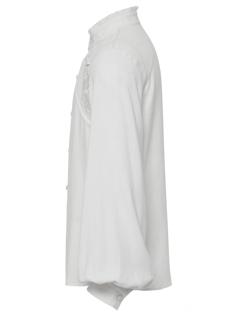 Gothic romantic white embroidered shirt side profile view displaying draped puff sleeves and ruffled collar