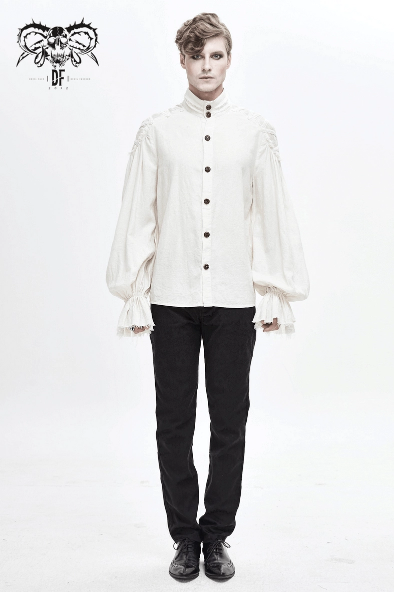 Side view of white gothic shirt revealing flared cuff details and fitted construction