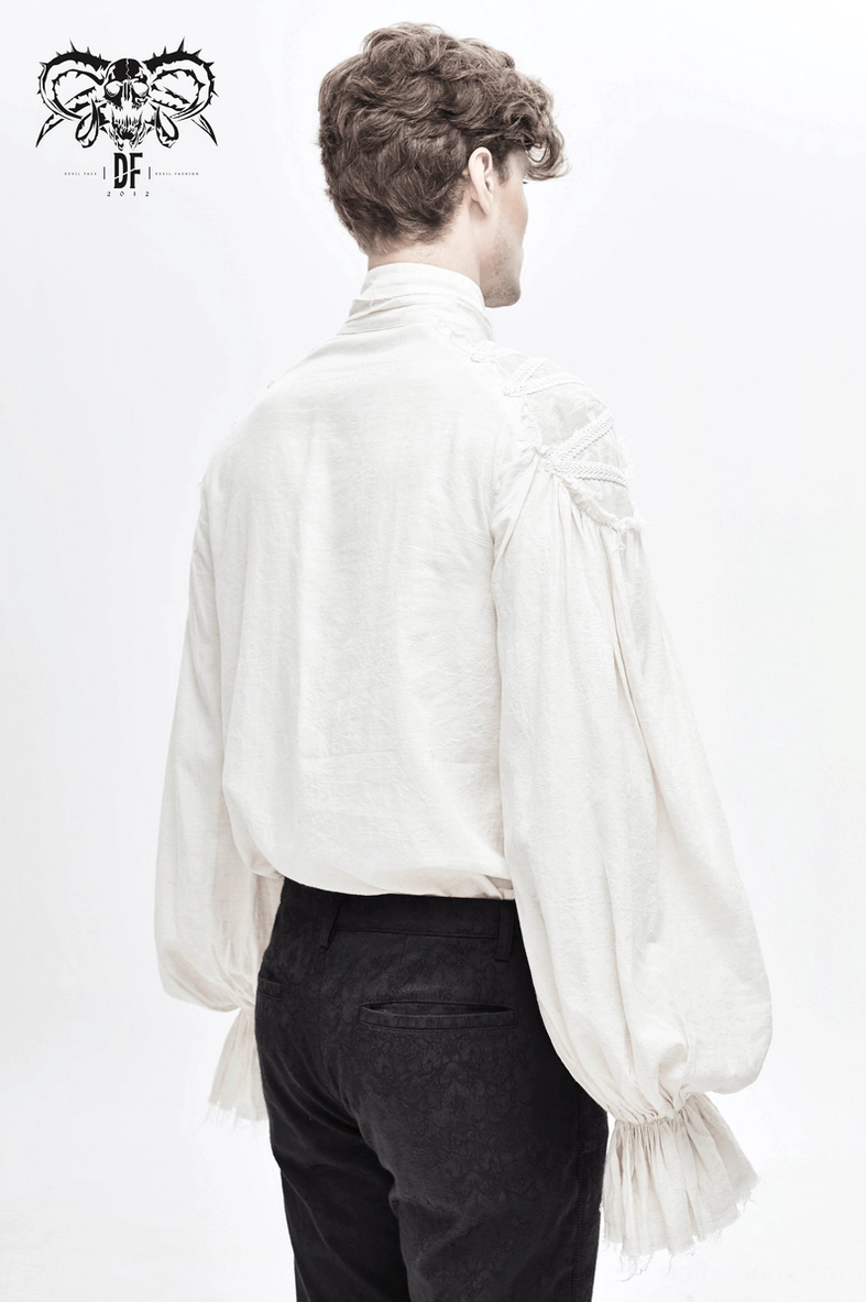 Gothic white shirt with stand collar detail emphasizing romantic goth aesthetic