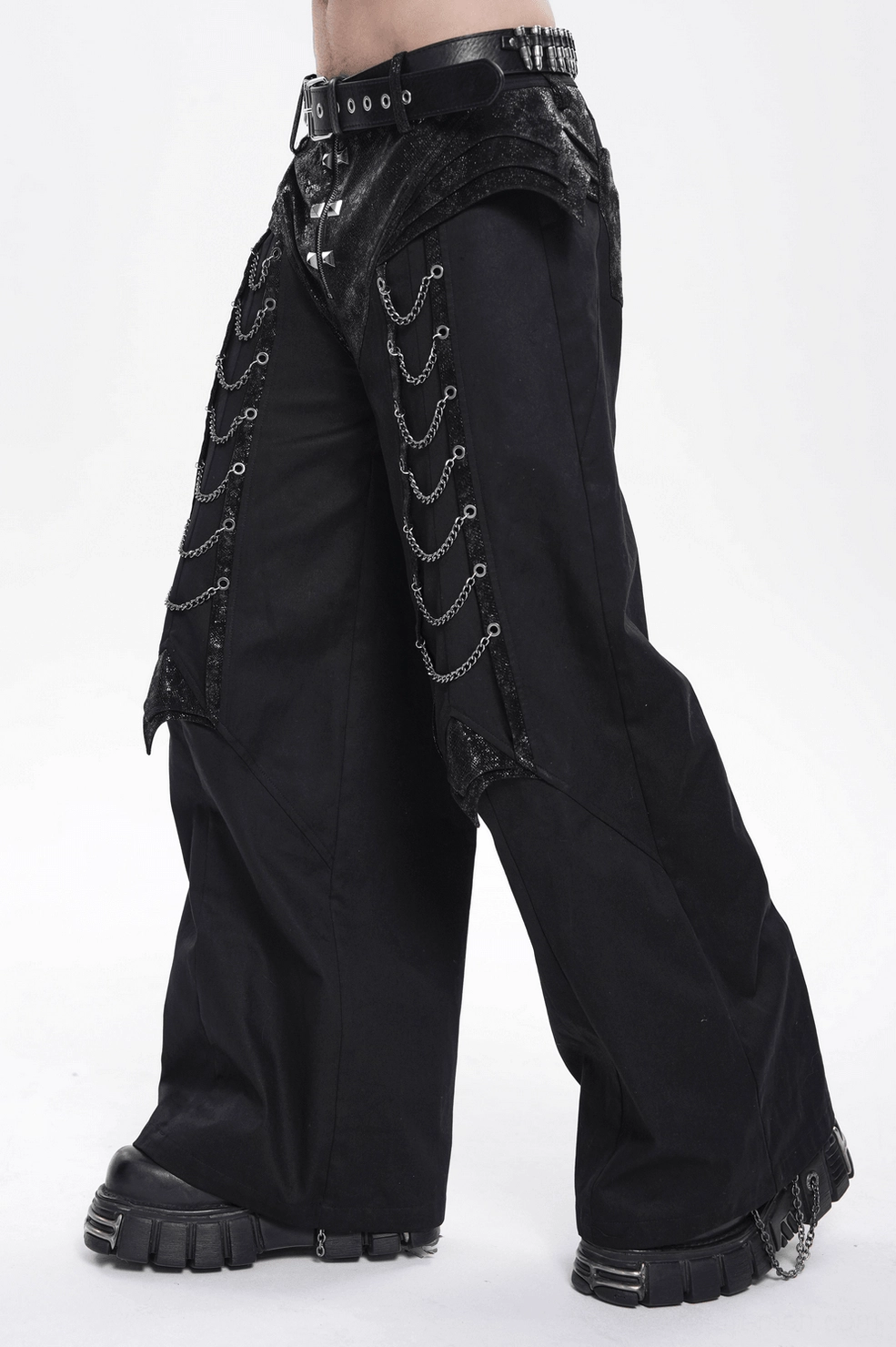 Black gothic wide leg pants with chain ornaments and structured hip construction