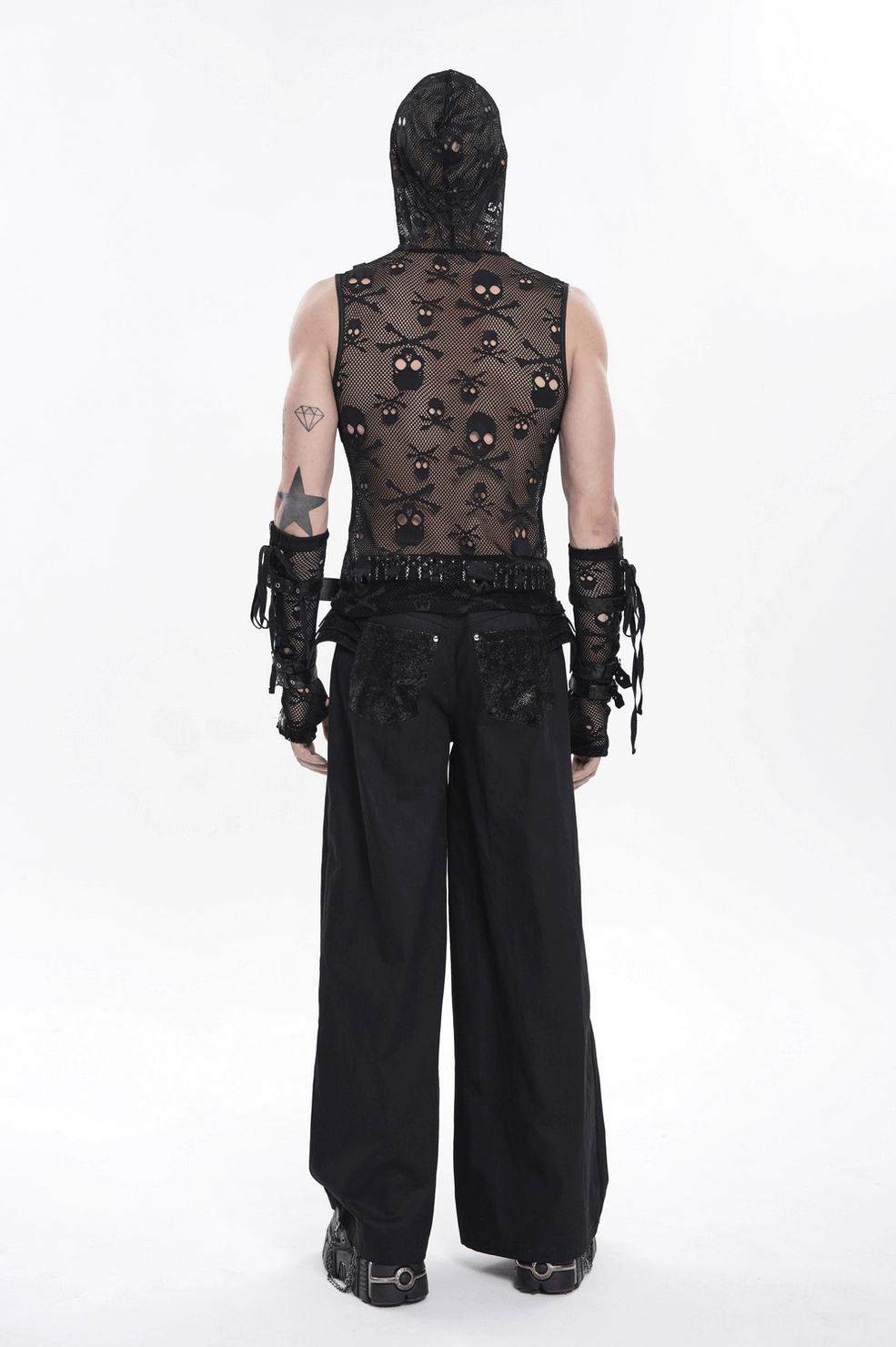 Black gothic wide leg pants with complete chain and stud embellishment system - rear profile