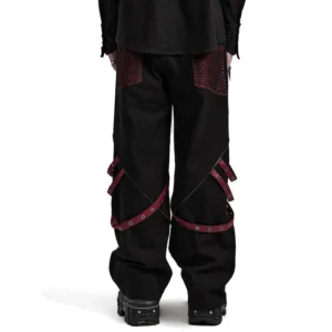 Back view of gothic wide leg trousers with wine red leg strap decorations and mesh panels