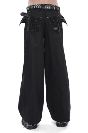 Black gothic wide leg pants with winged back pockets and studded waist - back full body view