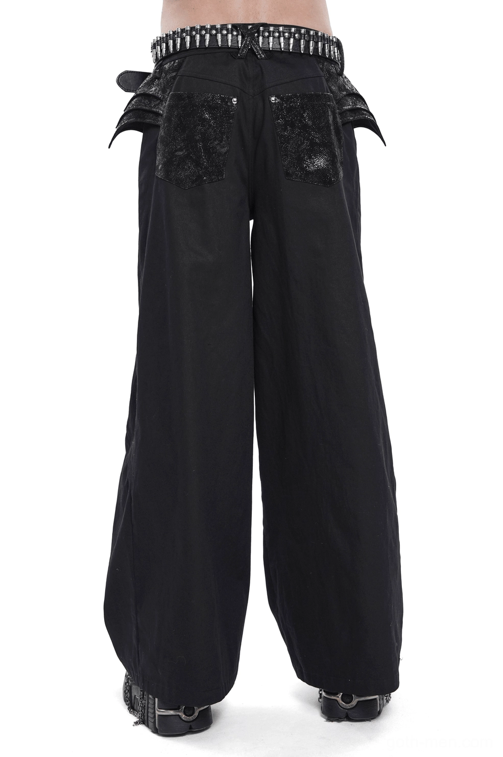 Black gothic wide leg pants with winged back pockets and studded waist - back full body view