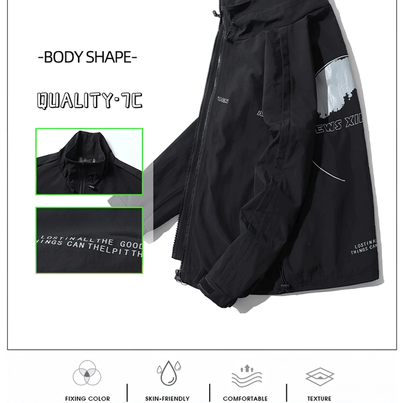 Gothic windbreaker collar detail, stand neckline, fabric quality, zipper mechanism close-up