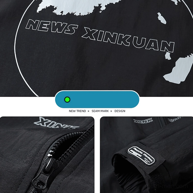 Gothic windbreaker jacket cuff and strap details, brand text print, adjustable rib cuffs