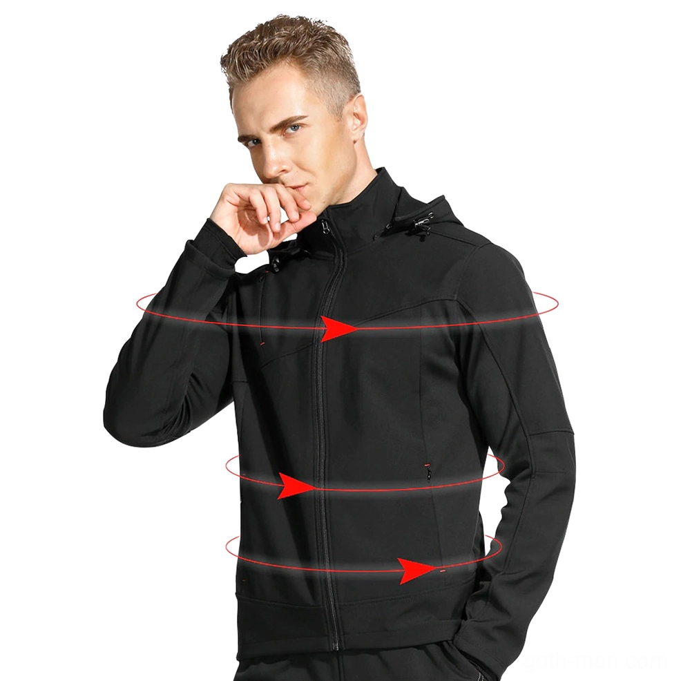 Men's black gothic windproof jacket three-quarter view showing stretch fabric and hood adjustment