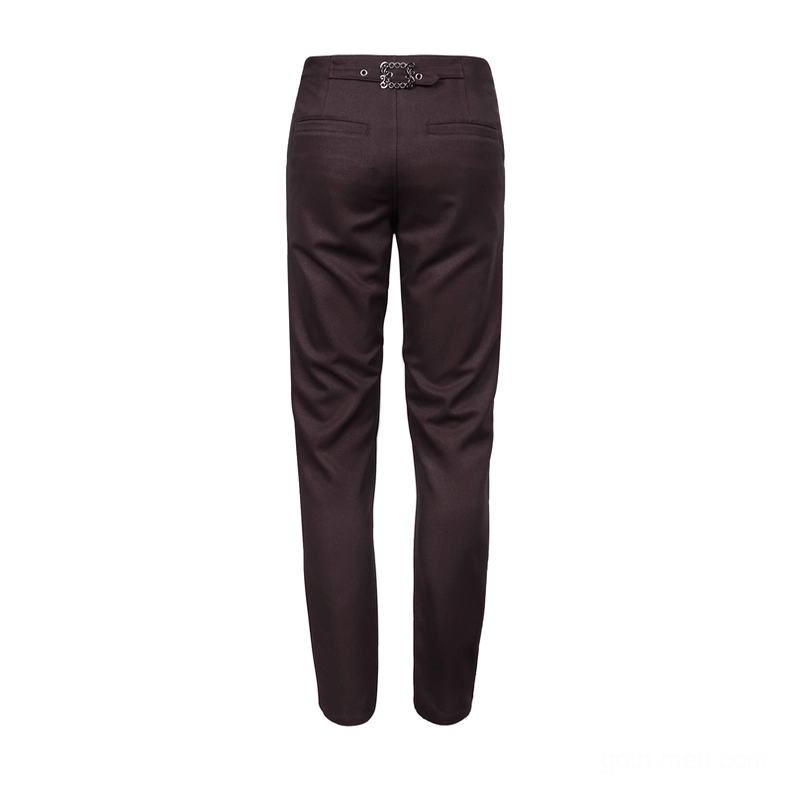 Rear full view of men's gothic wine red pants displaying buckle belt detail, back pockets, and professional construction