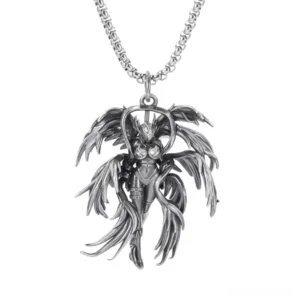Gothic winged angel pendant necklace in silver stainless steel, front flat lay view showing intricate multi-layered wing design and vintage finish
