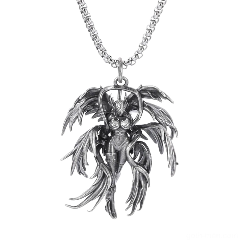 Gothic winged angel pendant necklace in silver stainless steel, front flat lay view showing intricate multi-layered wing design and vintage finish