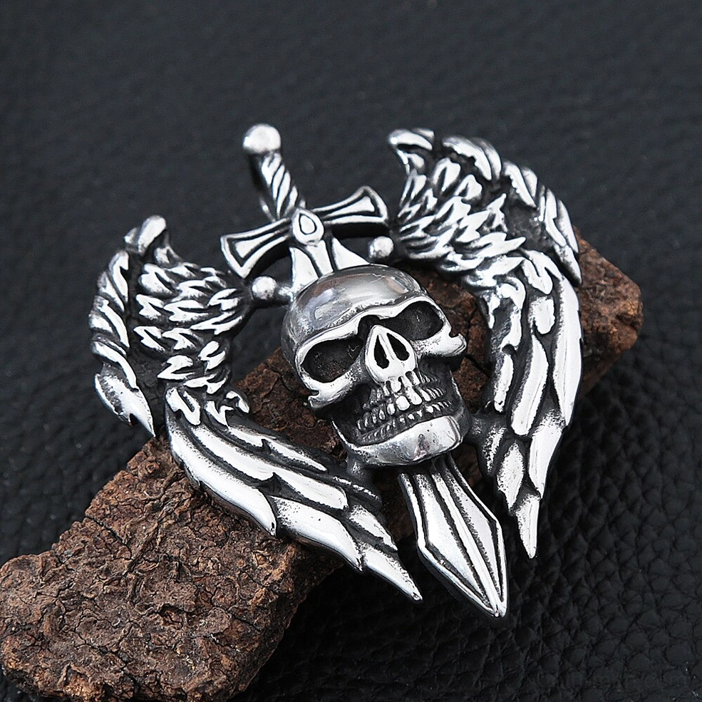 Gothic angel wing skull pendant necklace lifestyle styling showcase for alternative fashion and dark aesthetic wear