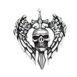 Close-up detail of gothic angel wing skull pendant with sword showing 64mm height and vintage matte silver finish