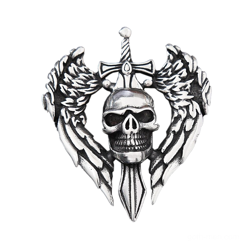 Close-up detail of gothic angel wing skull pendant with sword showing 64mm height and vintage matte silver finish