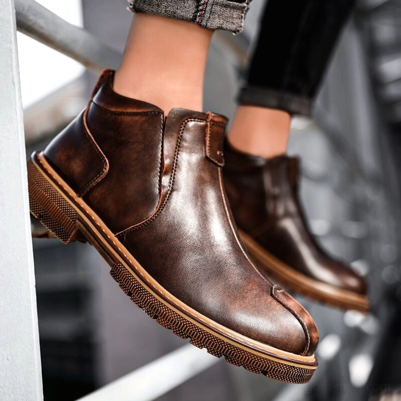 Gothic leather ankle boots for men, winter dark aesthetic footwear with sheepskin lining