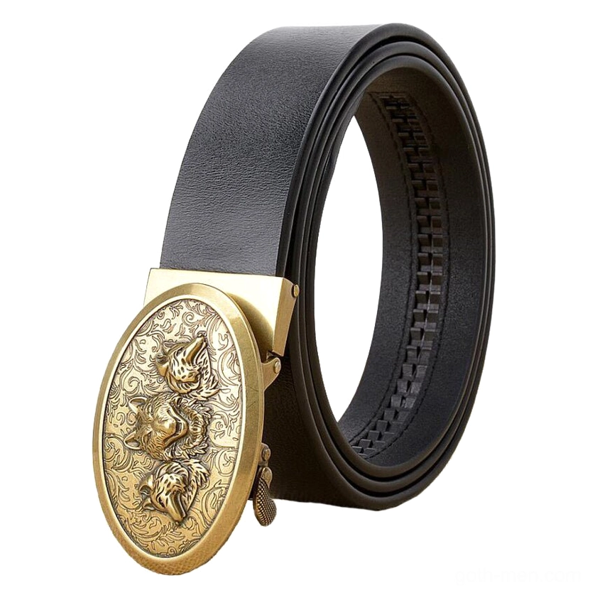 Black genuine cowhide belt with gold wolf buckle, gothic automatic closure system, front product view
