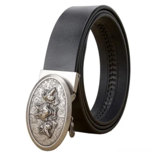 Black cowhide leather gothic belt with silver wolf embossed buckle, front view on white background
