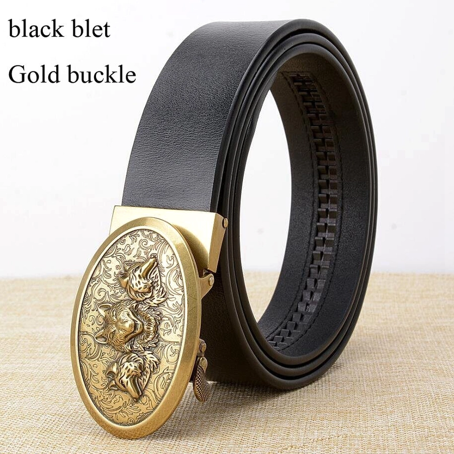 Gold wolf buckle details on black cowhide leather gothic belt, tabletop styling with linen