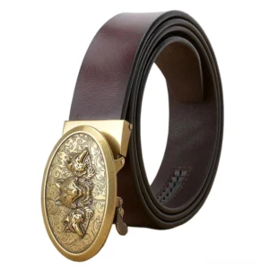 Red-brown cowhide leather gothic belt with gold wolf embossed buckle, front display on white studio background