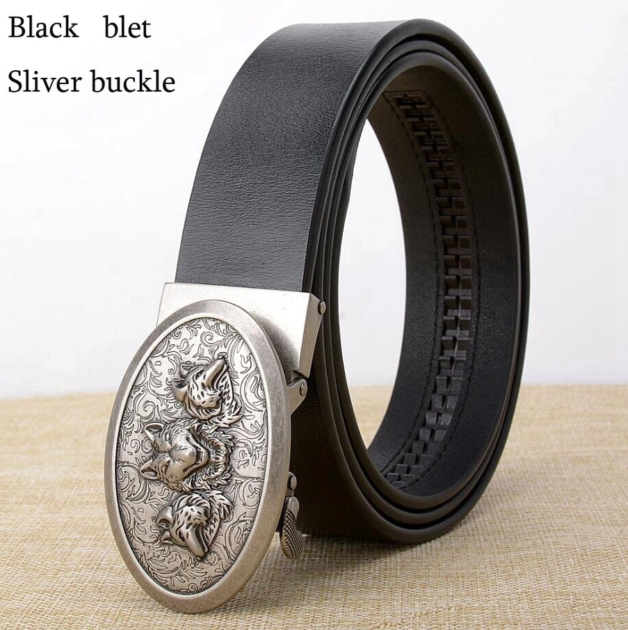 Silver wolf embossed buckle on black leather gothic belt, lifestyle shot on natural linen background