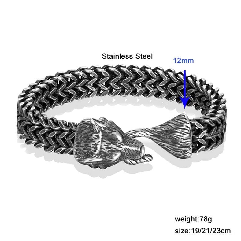 Gothic wolf bracelet specifications – size chart showing 19cm 21cm 23cm options with dimensions and weight
