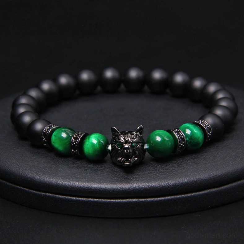 Elastic wolf charm bracelet on model wrist, gothic animal symbol jewelry in everyday alternative wear