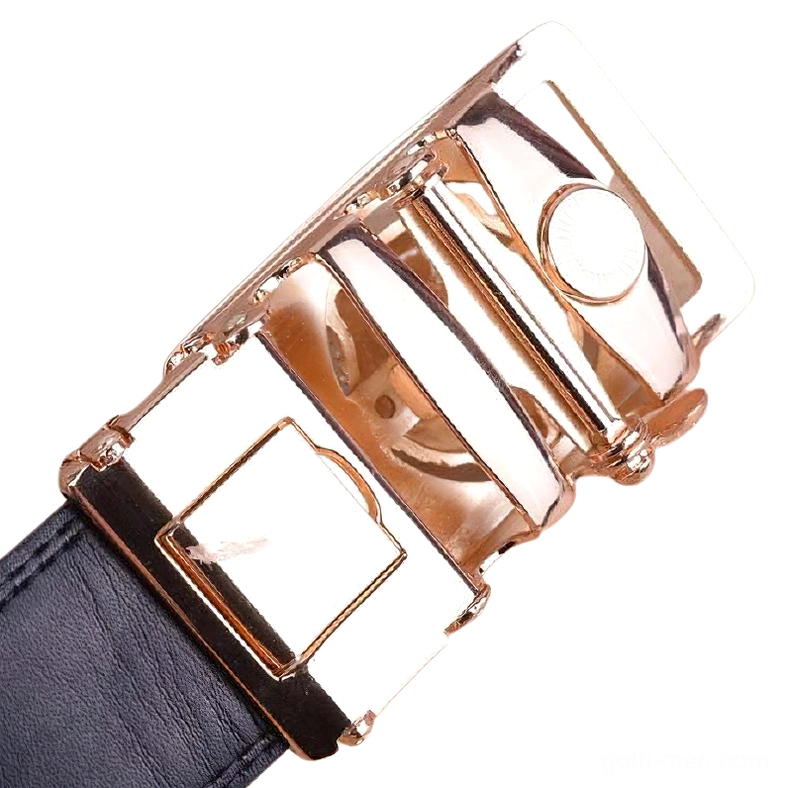 Back view of automatic buckle mechanism on rose gold gothic wolf head belt, attached to black leather strap, craftsmanship detail
