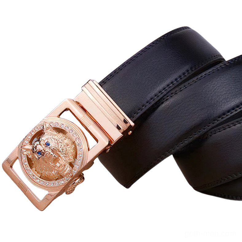 Black leather gothic belt with rose gold wolf head buckle detail, stitched leather edge close-up, side angle view alternative accessory