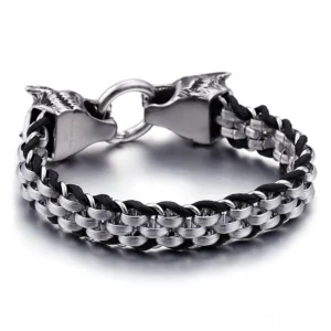 Stainless steel wolf head bracelet three-quarter top view showcasing detailed clasp mechanism and metal-leather construction