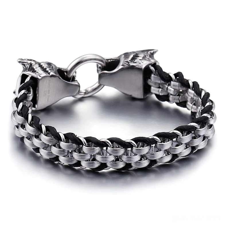 Stainless steel wolf head bracelet three-quarter top view showcasing detailed clasp mechanism and metal-leather construction