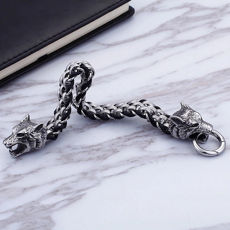 Men's gothic wolf head leather bracelet texture and construction detail emphasizing cowhide and metal craftsmanship