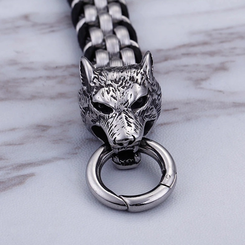 Gothic wolf head men's bracelet additional angle showing stainless steel and leather material blend
