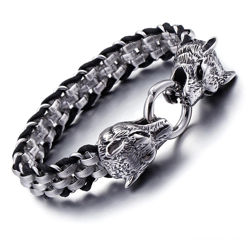 Men's gothic wolf head leather bracelet side view highlighting dual predatory clasps and chain structure