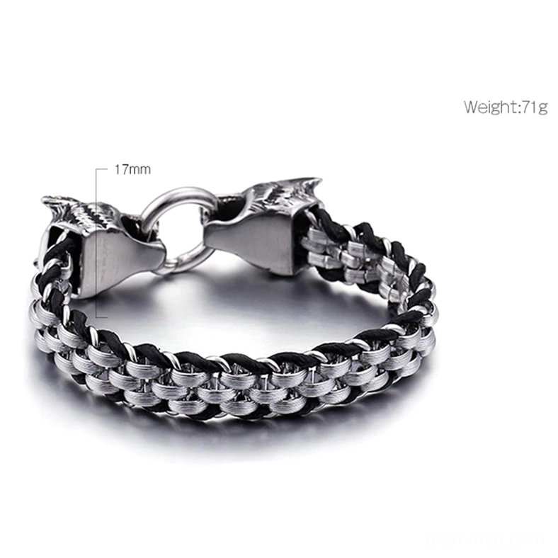 Alternative fashion wolf head bracelet with size and weight reference labels on white background