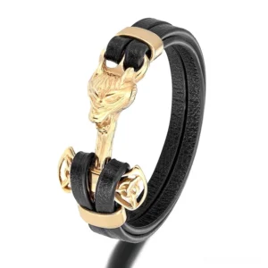 Gold-toned wolf head leather bracelet with Celtic knot embellishments, stainless steel gothic pendant, unisex dark style