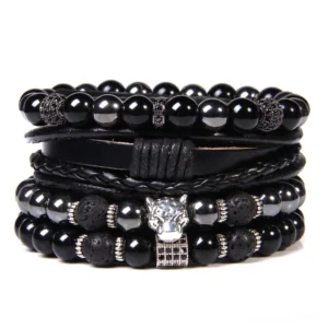 Dark gothic wolf head leather beaded bracelet set with natural stone beads, vintage leather braiding, and metal wolf charm for alternative fashion