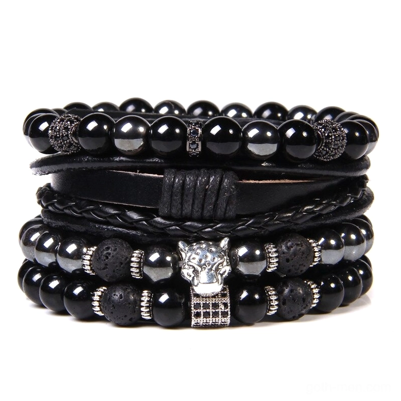 Dark gothic wolf head leather beaded bracelet set with natural stone beads, vintage leather braiding, and metal wolf charm for alternative fashion