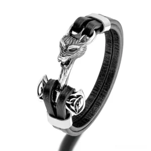 Gothic wolf head leather bracelet with Celtic knot details, stainless steel pendant, vintage style unisex cuff