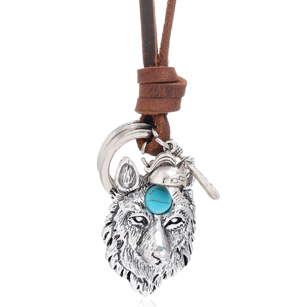 Silver wolf head pendant necklace with turquoise stone inlay, front overhead view on white background