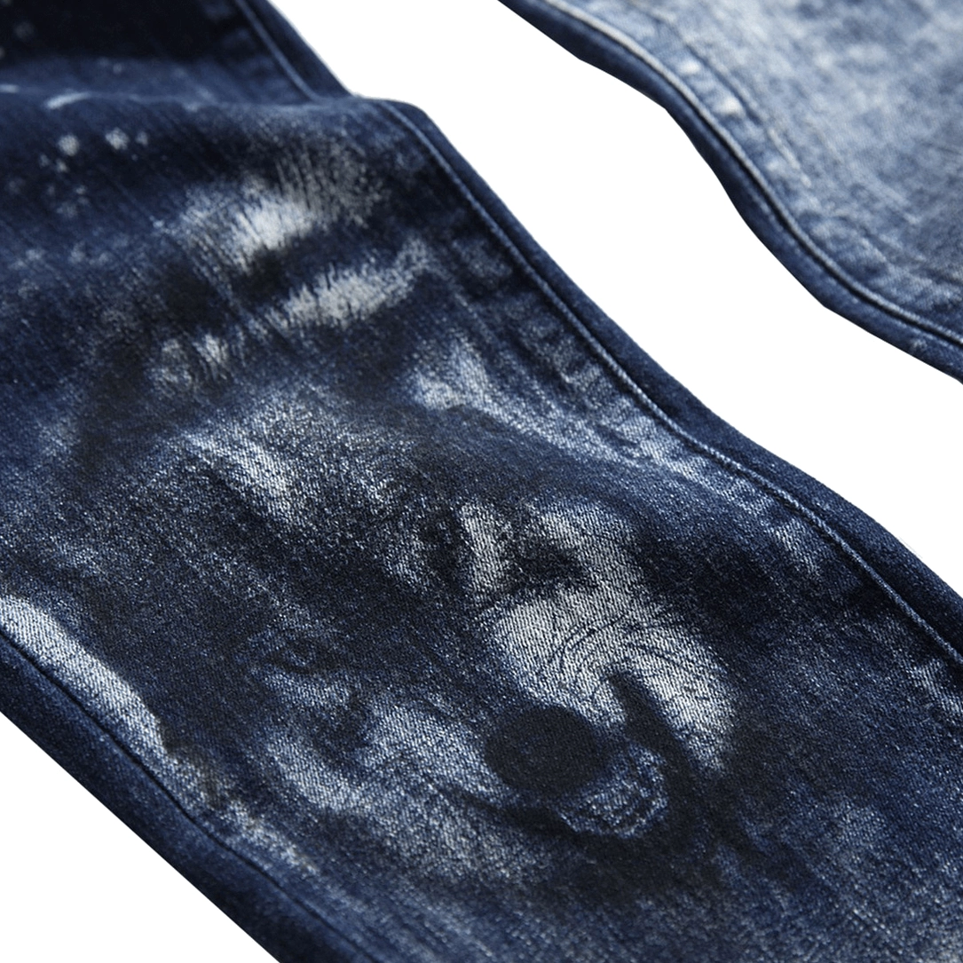 Detailed wolf head 3D print with acid wash texture on gothic denim jeans