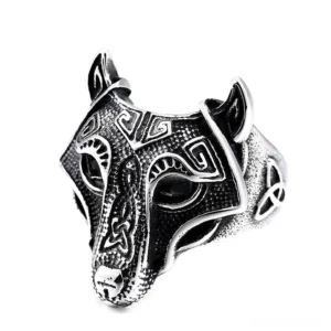 Gothic wolf head ring with Celtic knot engravings, antique silver stainless steel, front overhead view on white background