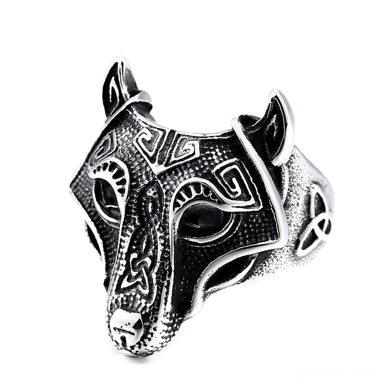 Gothic wolf head ring with Celtic knot engravings, antique silver stainless steel, front overhead view on white background