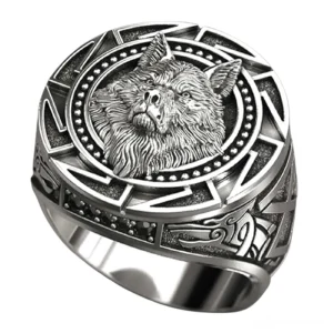 Gothic wolf head signet ring with embossed Celtic totem design and tribal patterns, antique silver finish - front oblique view