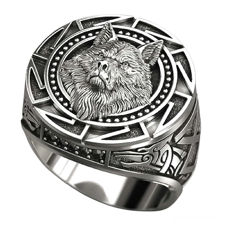 Gothic wolf head signet ring with embossed Celtic totem design and tribal patterns, antique silver finish - front oblique view