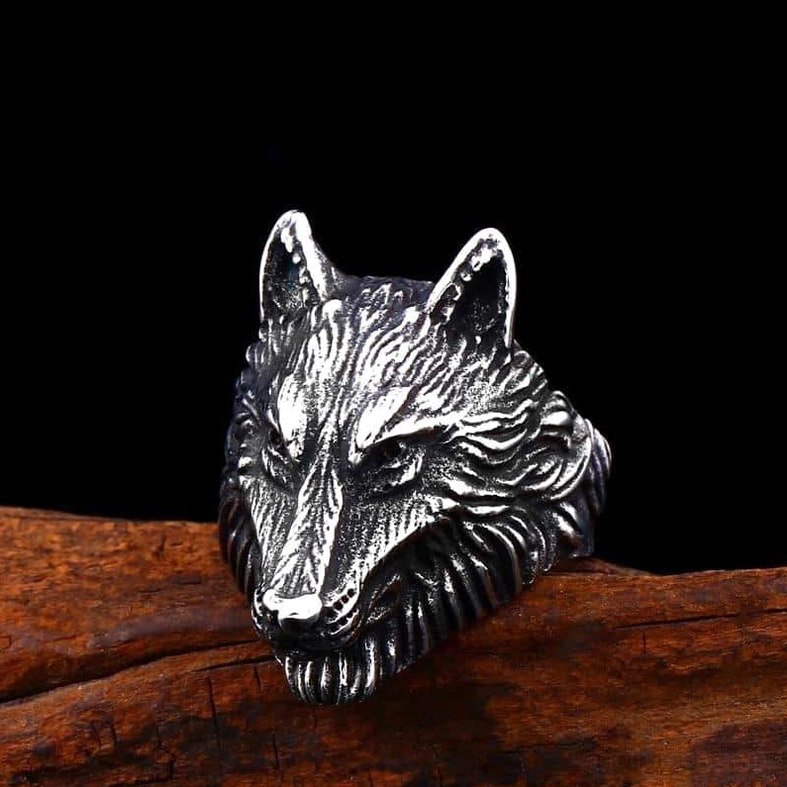 Gothic wolf ring collection, multiple design variants, antique silver stainless steel, jewelry showcase display