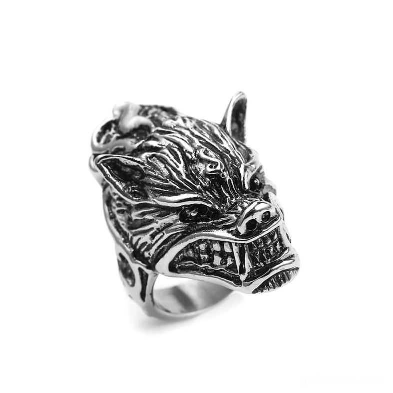Ferocious wolf head ring with realistic carved fur texture, antique silver finish, side view showing detailed teeth and expression