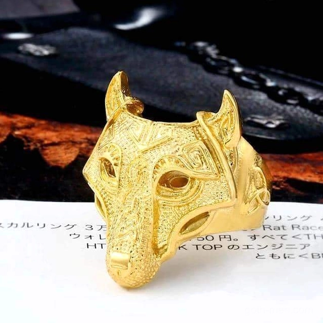 Gold-toned gothic wolf ring, full gold finish variant, detailed wolf head carving, luxe dark aesthetic styling