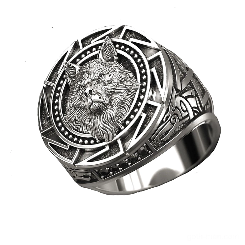 Men's gothic wolf signet ring rear view displaying detailed engraved wolf head motif and Celtic border patterns
