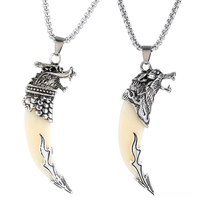 gothic wolf tooth pendant necklace overhead flat lay view two styles dragon wolf head caps silver alternative jewelry