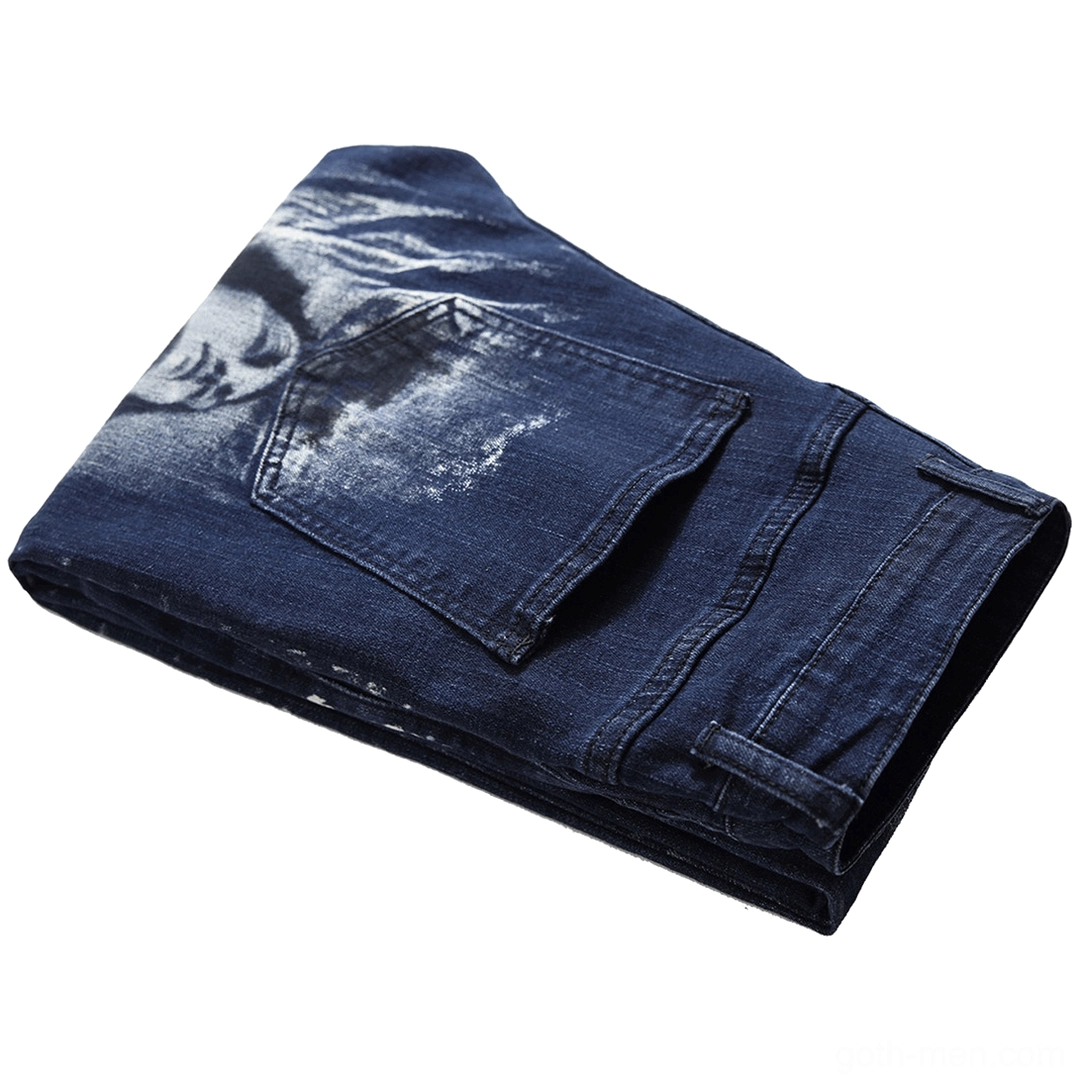 Gothic denim jeans side profile showing faded pocket print and folded display