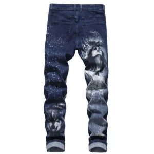 Gothic wolf woman 3D print jeans back view with matching artwork and acid wash details